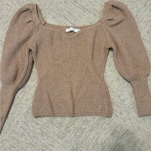 Astr Tan Off-the-Shoulder Sweater with Puff Sleeves